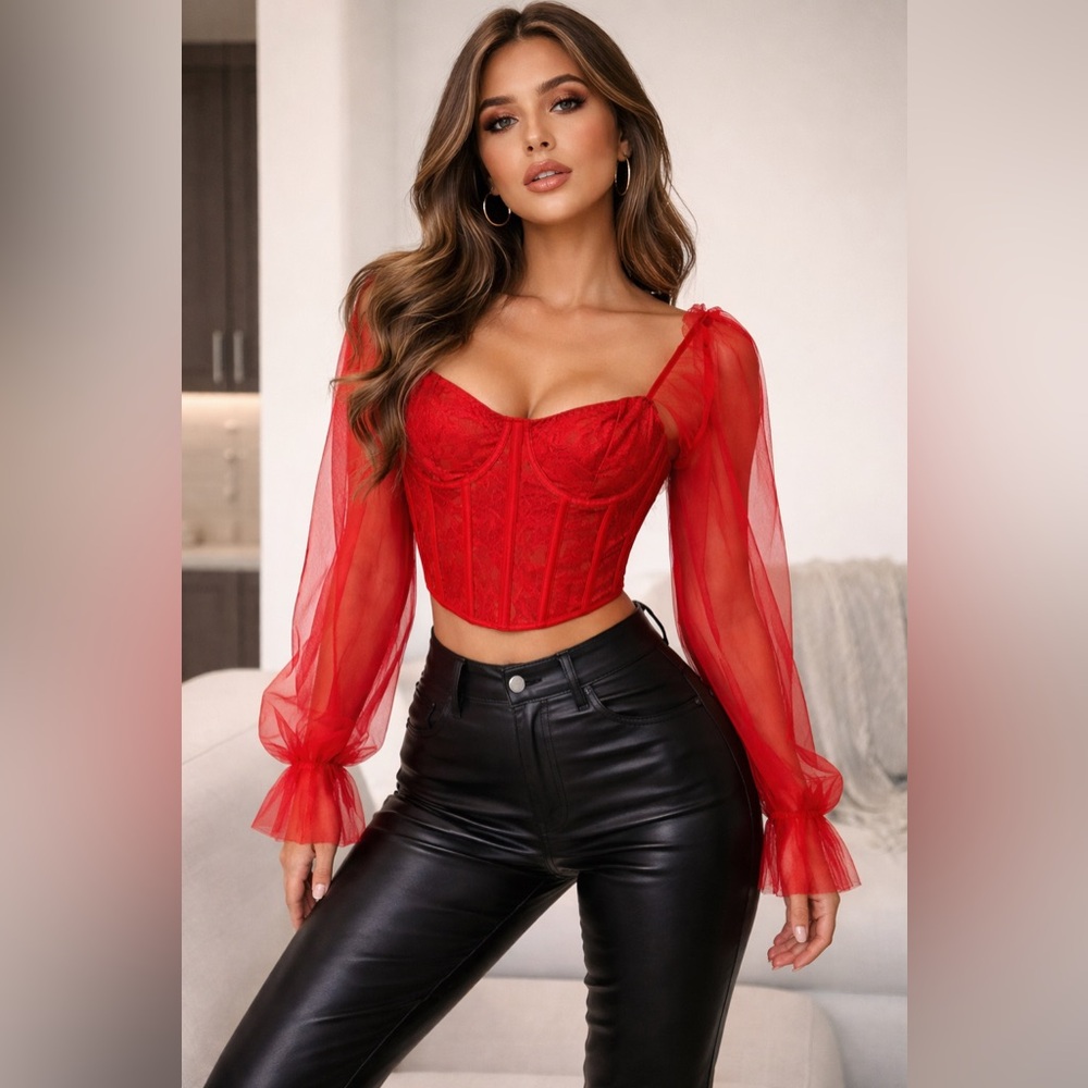 Elegant Red Sheer Sleeve Corset Top